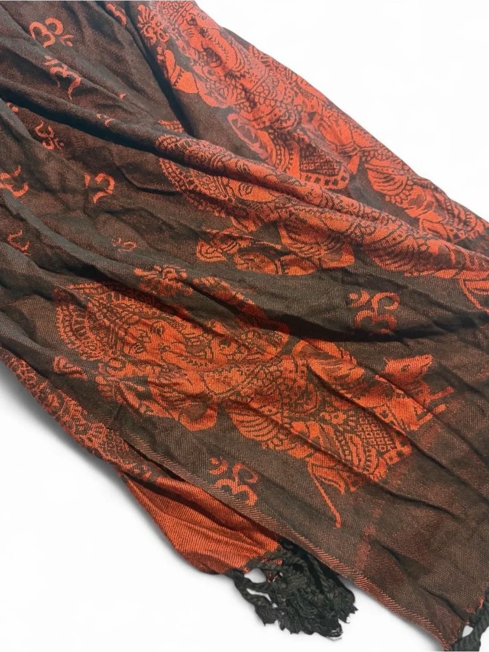Brown & Orange Decorative Fringe Scarf with Ganesha Motif